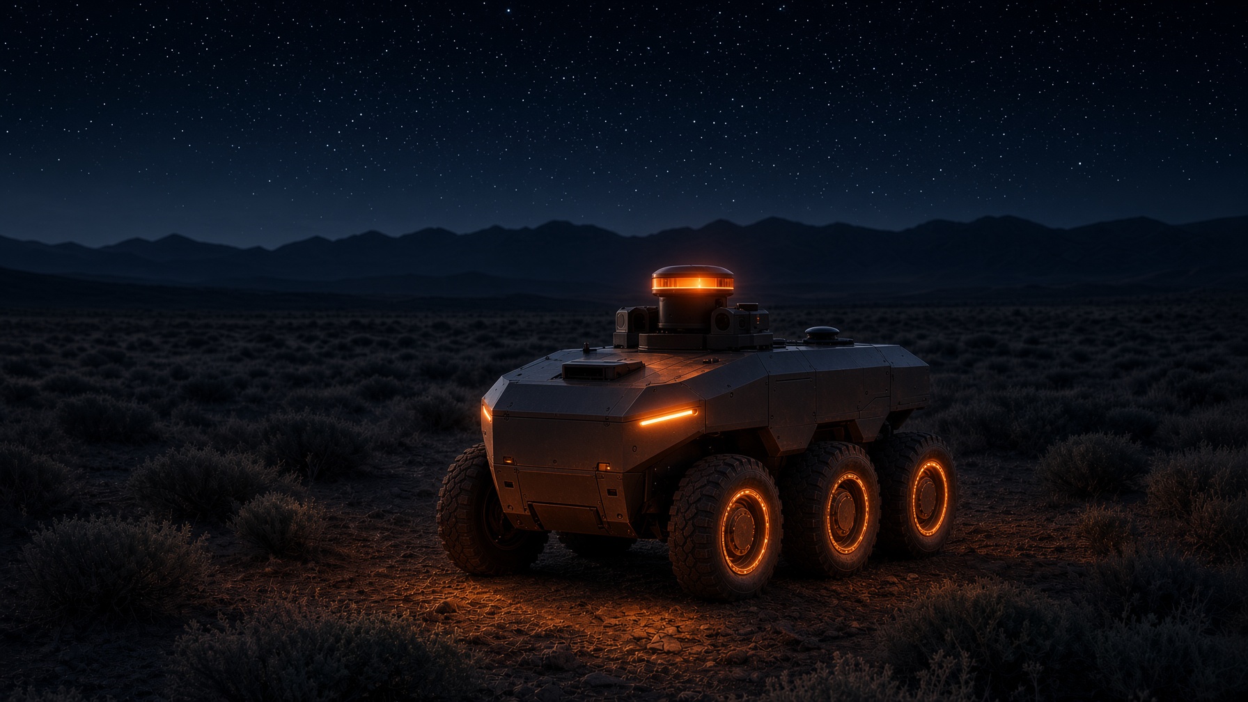 Autonomous ground vehicle at night, copper lights on dark metal under a starry sky