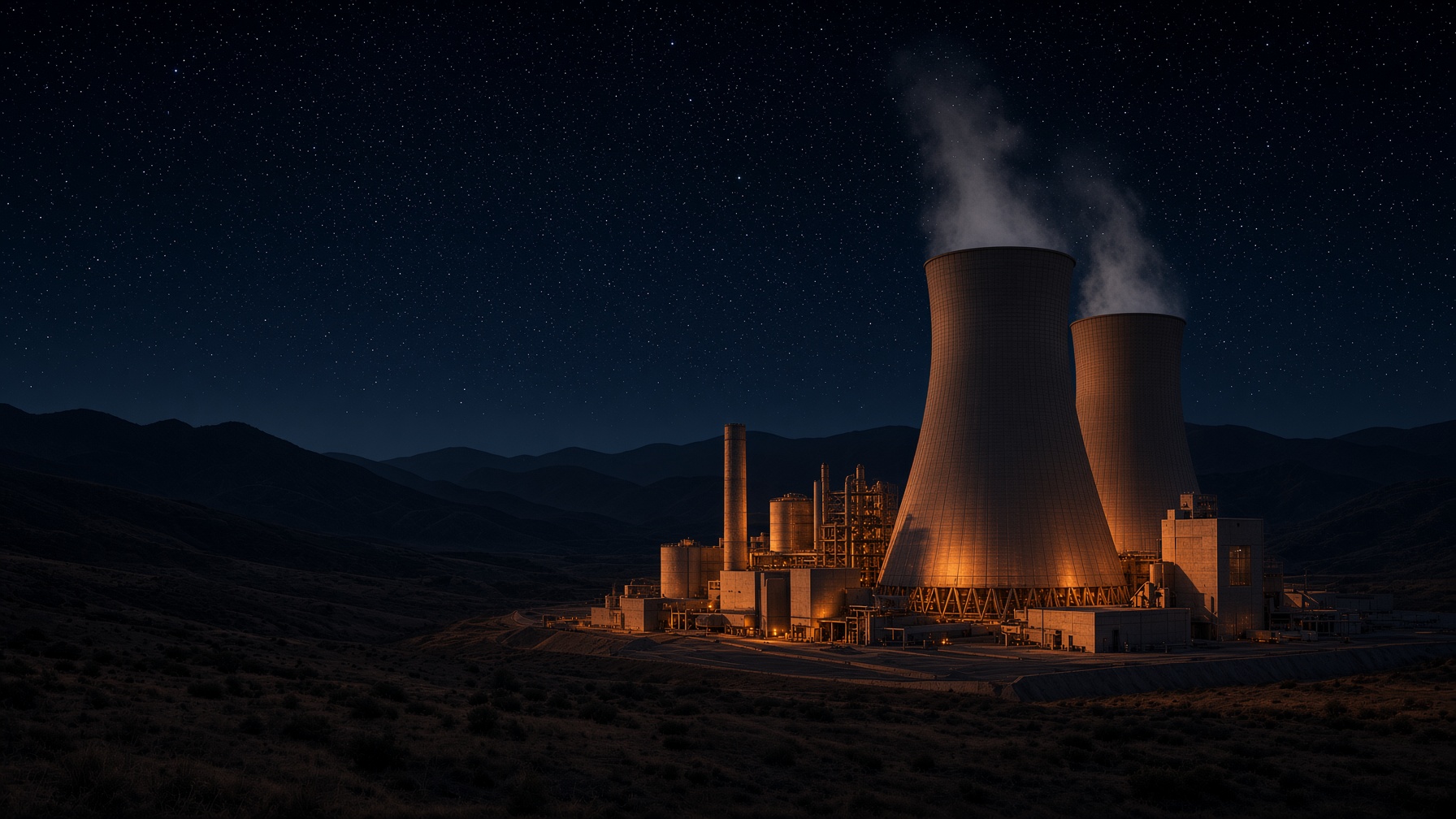 Compact nuclear facility at night under a copper-lit steel dome and starry sky