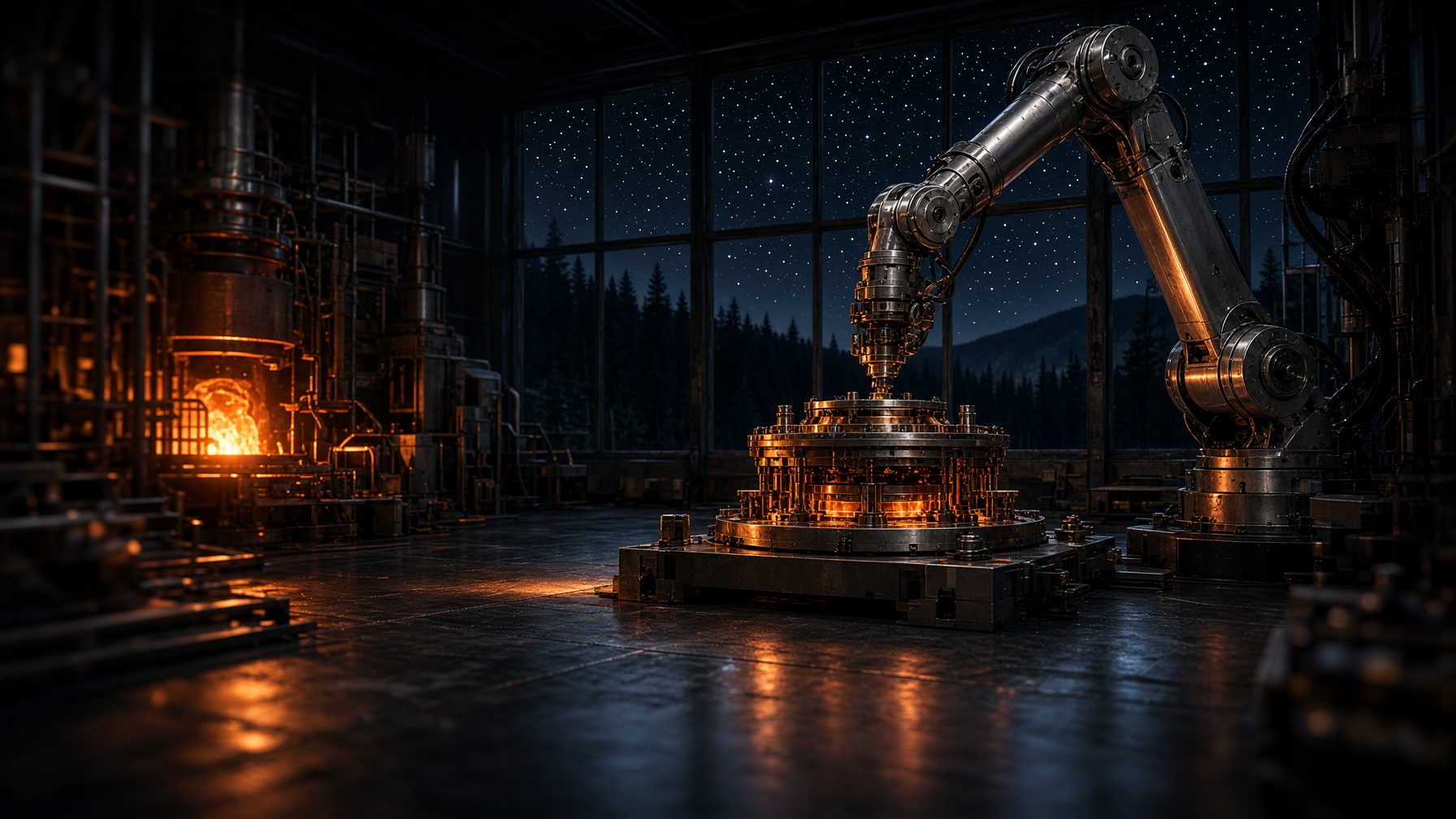 Precision hardware foundry at night — robotic arms assembling a fusion core