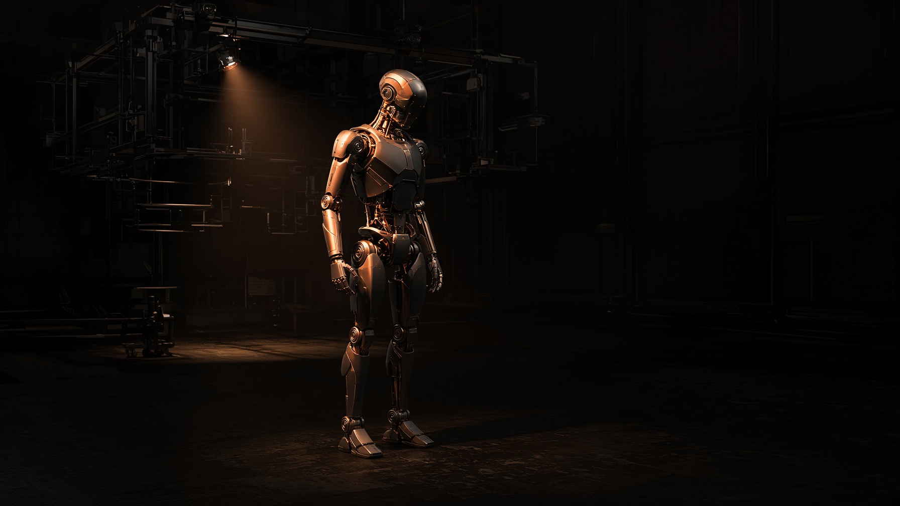 Humanoid robot in a dark calibration bay, copper joints catching a single spotlight