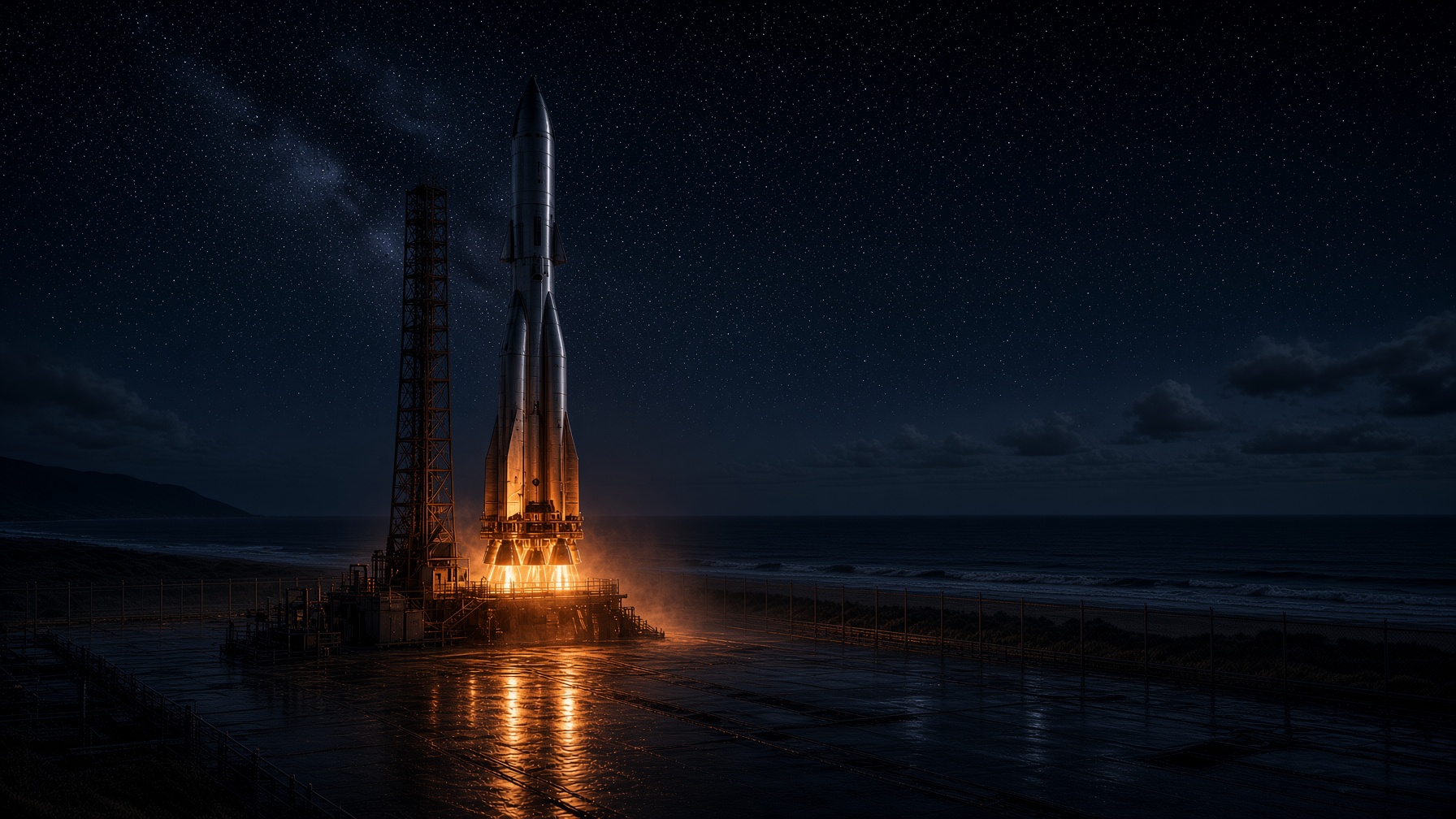 Rocket on a coastal launch pad at night, copper engine light against a deep blue sky